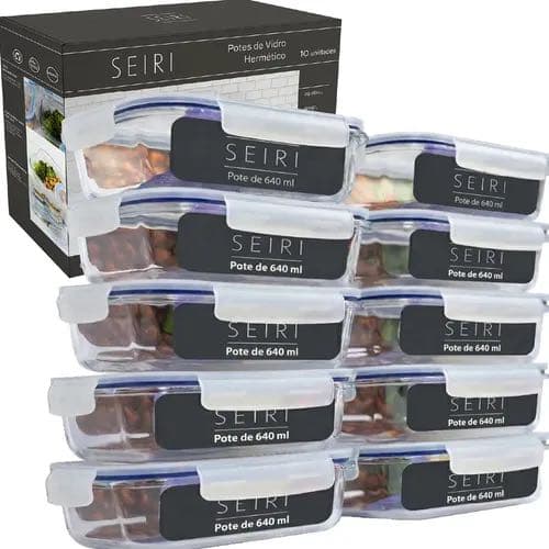 Kit 10 potes de vidro herméticos 640ml Seiri
